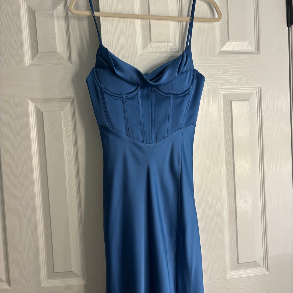 Astr The Label Cannes Satin Bustier Maxi Dress In Denim Blue